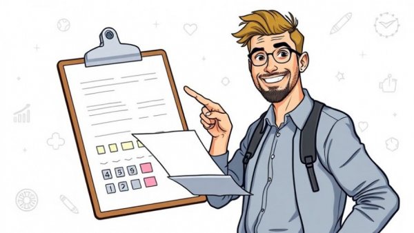 Cartoon of self-employed man with clipboard and calculator, Self-Employed Tips Deduction.