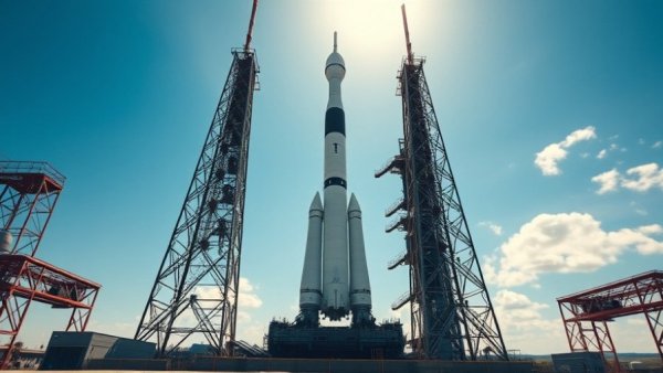 New Glenn rocket on launch pad under blue sky.