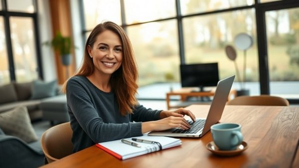 Woman using a laptop for software usage tracking in a bright, modern room.