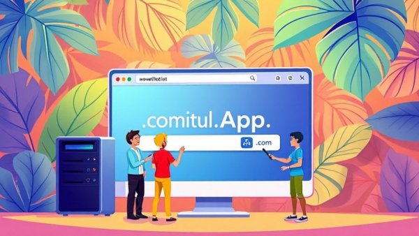 Illustration of most common domain extensions 2025 with people and server.