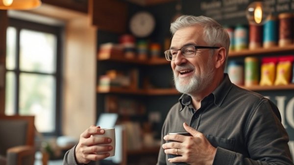 Middle-aged man enthusiastically speaking in a cozy setting, AI for entrepreneurs.