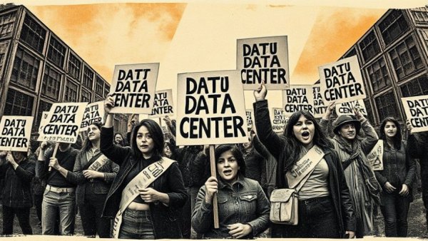 Textured collage, protest against data centers, vintage style.