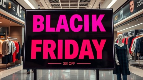 Black Friday sale sign displaying 50% discount in a mall setting.