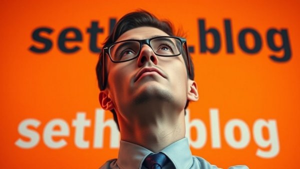 Entrepreneur considering decision making, gaze upwards, seths.blog in background.