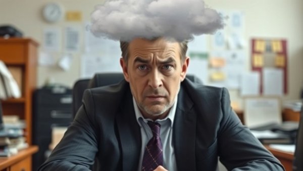 Managing anger at work: Frustrated man with storm cloud overhead in office.