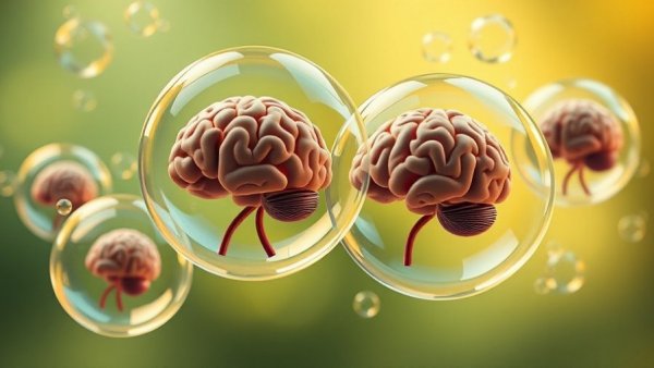 Digital brains encapsulated in floating bubbles, AI bubble theme, surreal scene.