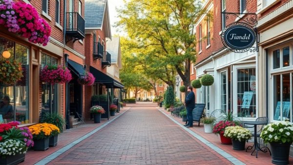 Picturesque Winter Park street with shops and flowers, Winter Park attractions.