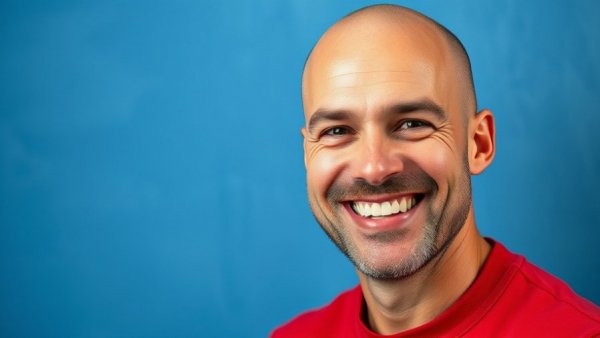 Smiling entrepreneur, digital footprints background, blue textured.