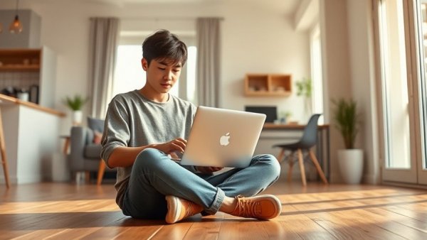 Person browsing on laptop in a modern apartment, related to 2026 housing market.