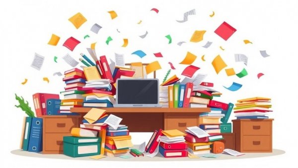 Chaotic cartoon office desk with overload of binders and papers, representing employer recordkeeping obligations.