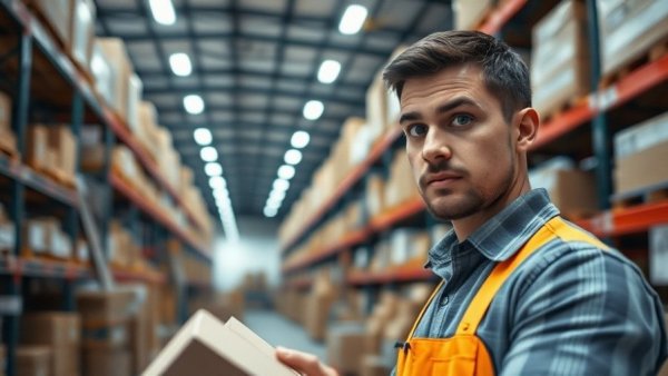 Warehouse worker addressing e-commerce fulfillment challenges amid chaos.