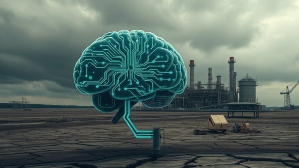 Conceptual AI brain and industry highlighting energy, water sustainability challenges.