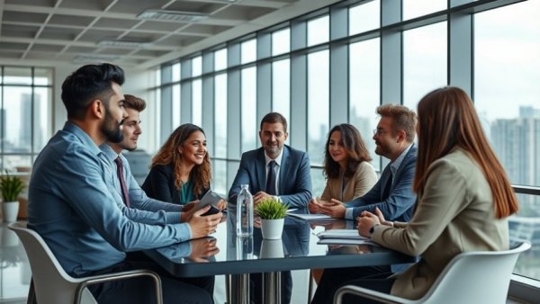 Diverse team in a modern office discussing operational visibility leadership.