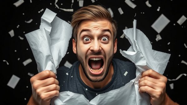 AI in app development concept with energetic man breaking through paper.