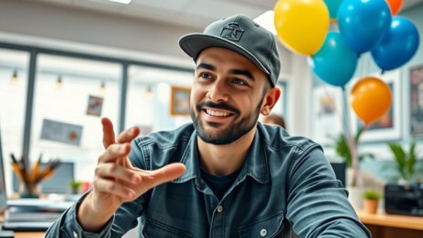 Casual man in cap discussing at desk, bright office setup.