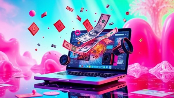 Colorful digital collage with tech gadgets and money, for early Black Friday deals.
