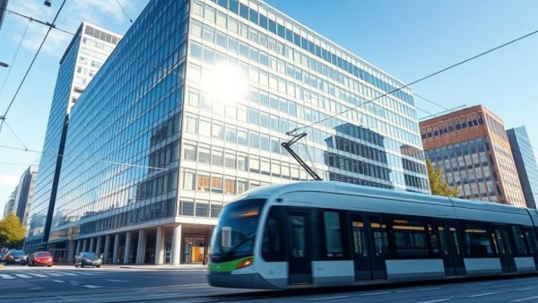 Modern glass building and tram representing AI automation for entrepreneurs