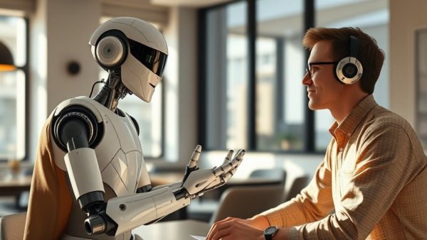 Humanoid robots in 2027 interacting in modern settings.