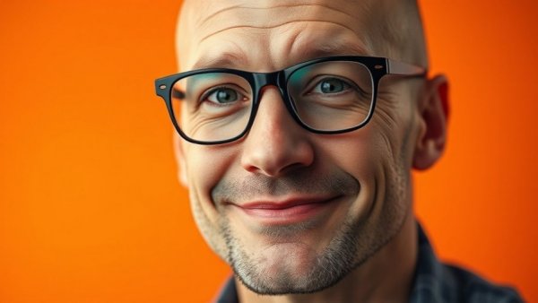 Entrepreneurial portrait showing a smiling man with glasses against an orange background.