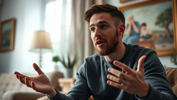 Young man passionately explaining in a cozy room with paintings, free AI models discussion.