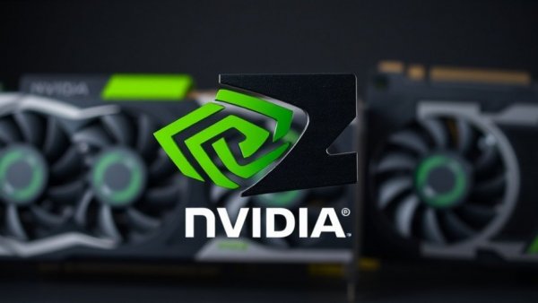 Nvidia logo in front of blurred graphics cards, symbolizing tech innovation.