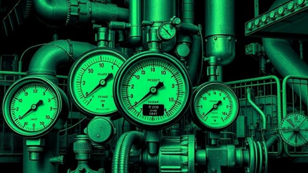 Surreal collage of gauges and chemical diagrams in neon green.