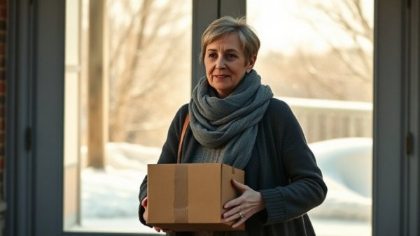 Middle-aged woman carries box through doors, winter sunlight.