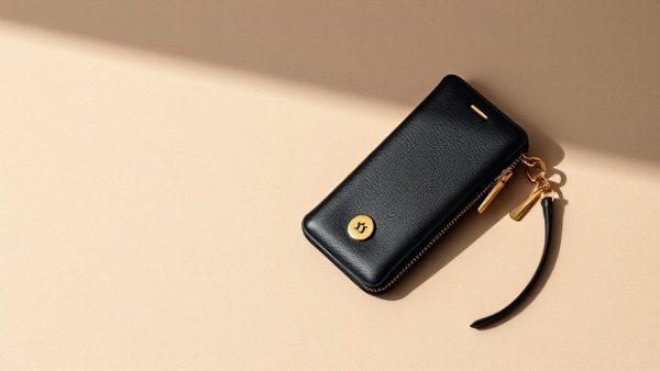 Chic phone case wristlet with gold accents on a beige background.