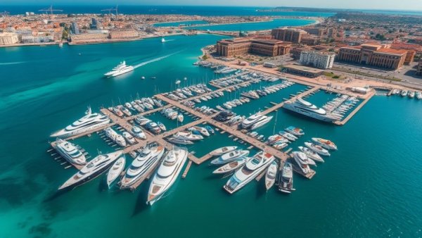 Luxury yacht production in Türkiye, aerial marina view with yachts.