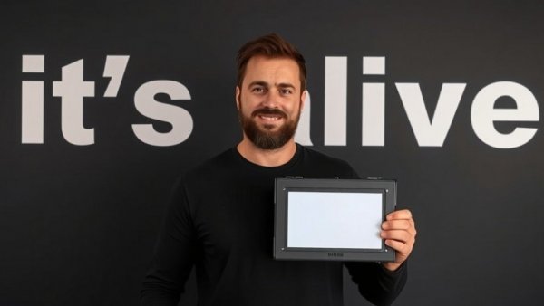 Man holding a device labeled 'automation', AI for business automation concept.