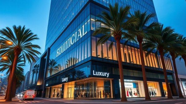 The Mall at Millenia Orlando exterior at twilight with palm trees.