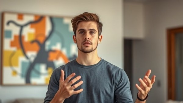 AI makes UGC ads: Young man presenting in modern interior.