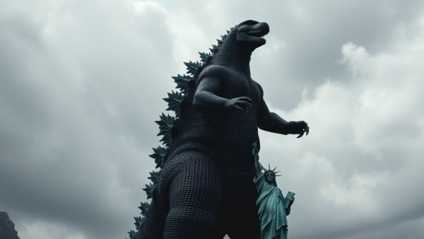 Godzilla Minus Zero: Godzilla beside Statue of Liberty in cloudy sky.