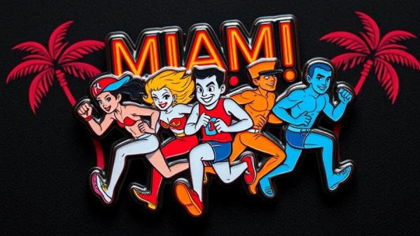 Colorful Miami pin with cartoon characters and racing theme.