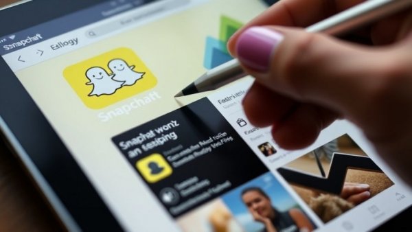 Tablet screen showing Snapchat app page, stylus on top.