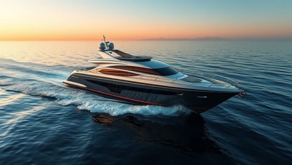 Luxury yacht cruising on calm sea at sunset.