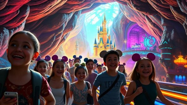 Vibrant Disney World attractions opening 2026 concept art with cave setting.