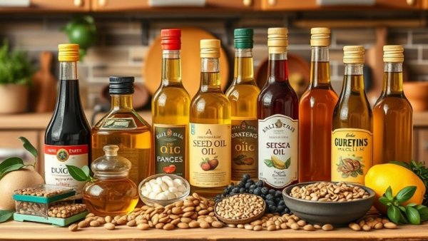 Vibrant assortment of healthy seed oils in bottles on a wooden kitchen countertop.