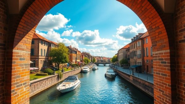 Yachting destinations: scenic canal view through arches with blue sky.