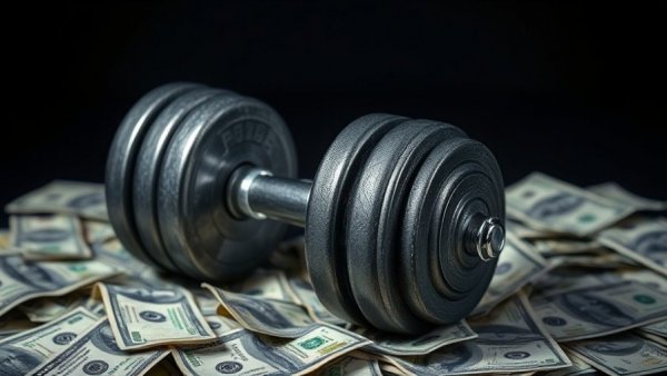 Dumbbell on dollar bills illustrating the cost of getting into fitness.