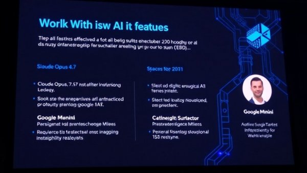 AI features for business and education presentation slide.
