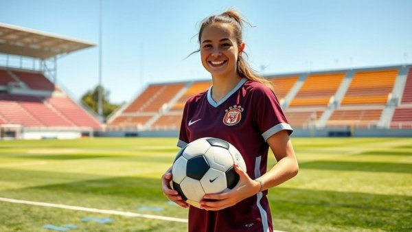 Young female soccer player smiling with soccer ball, relatable to NIL income.