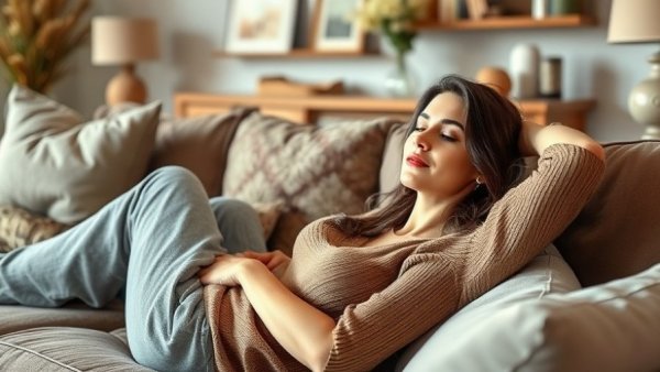 Brunette woman relaxing on sofa in modern home design living room.