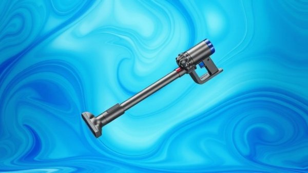 Dyson cordless vacuum floating against a patterned blue-green background, emphasizing modern elegance.