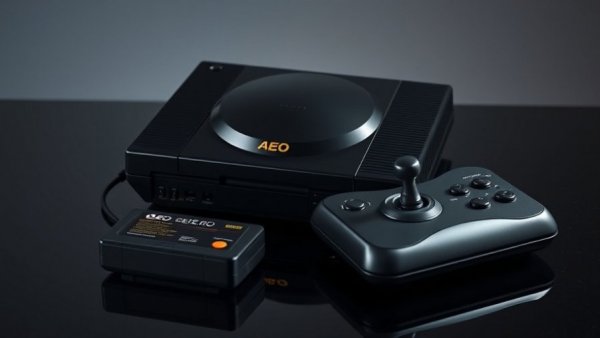 Neo Geo AES console remake with game and joystick, sleek design.