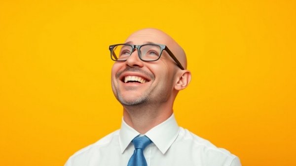 Cheerful bald man in glasses smiling against a yellow background.