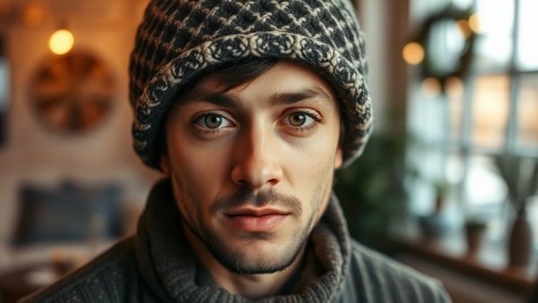 Young man in a cozy home setting with patterned hat.