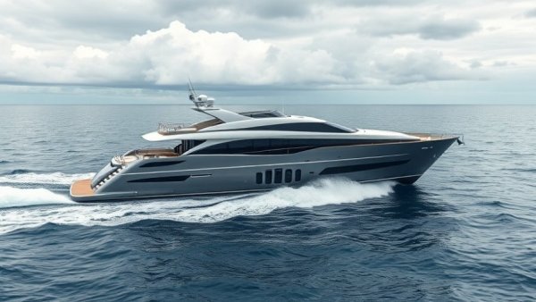 Modern luxury yacht sailing on calm waters under a cloudy sky.