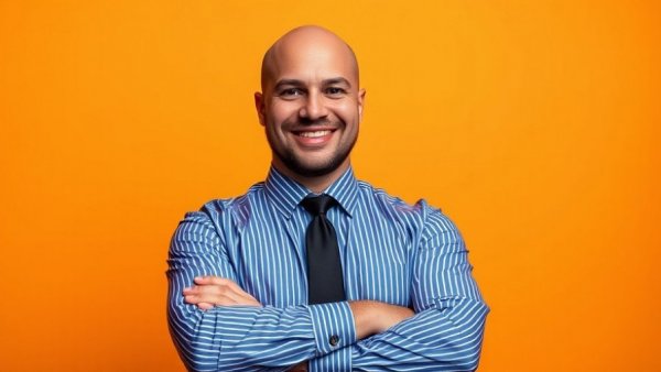 Smiling man in striped shirt against orange background, AI technology appeal.