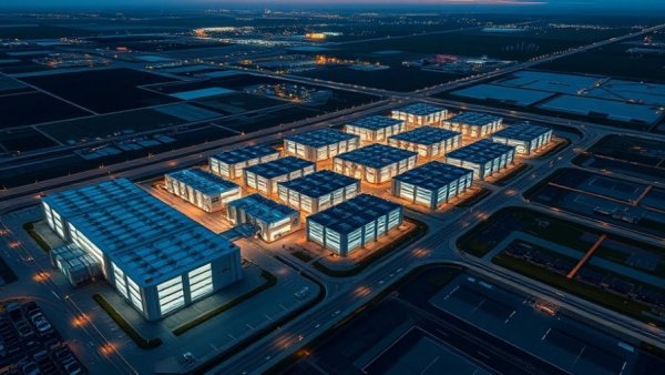 Aerial view of data center complex at twilight highlighting AI demand reshaping power cooling.